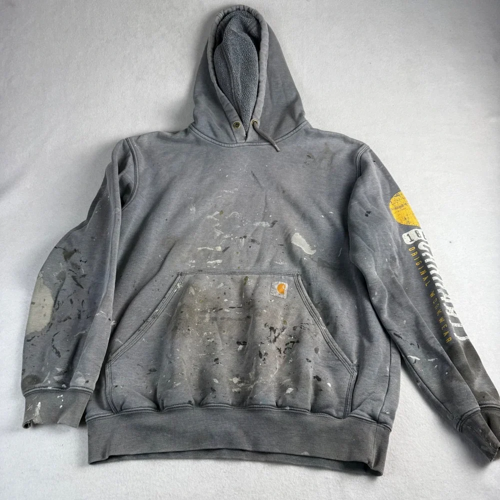 Carhartt Men's Distressed Paint Splatter Graphic Sleeve Hoodie Gray Size Medium